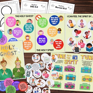 Può includere: Un set colorato di fogli di attività stampabili per insegnare ai bambini sullo Spirito Santo. I fogli presentano illustrazioni di bambini, riferimenti biblici e domande sullo Spirito Santo.