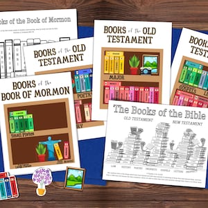 Scripture Books Bookshelves, LDS Book of Mormon, Old Testament New Testament, Come Follow Me, folder game printable, Primary Singing Time