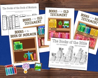 Scripture Books Bookshelves, LDS Book of Mormon, Old Testament New Testament, Come Follow Me, folder game printable, Primary Singing Time