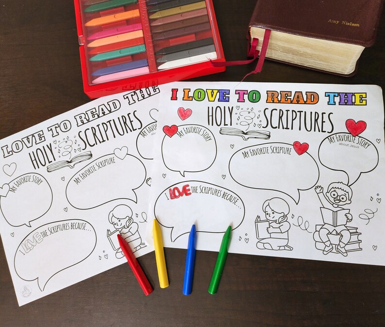 May include: A black and white printable coloring page with the text "I Love to Read the Holy Scriptures". The page features a book, hearts, and two children reading. There are spaces for writing "My Favorite Story", "My Favorite Scripture", and "I Love the Scriptures Because..."
