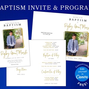 Puede incluir: Una invitación y un programa de bautismo blancos y dorados para Rigby Grant Marsh. La invitación presenta una foto de un niño pequeño con traje y corbata. El programa incluye el orden del servicio para la ceremonia de bautismo. El texto de la invitación dice "Por favor, únase a nosotros para el bautismo de Rigby Grant Marsh" y el texto del programa dice "Bienvenido al bautismo de Rigby Grant Marsh".