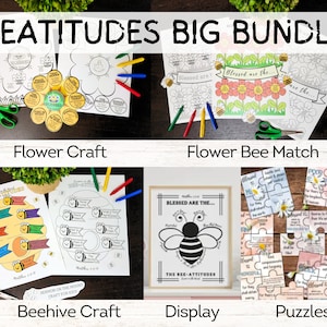 Beatitudes Sermon on Mount Kids Bible Bundle, Matt 5/Luke 6 Bundle: Puzzles, Flower, Beehive, Flower Garden Match, Kids Bible, + FREE poster