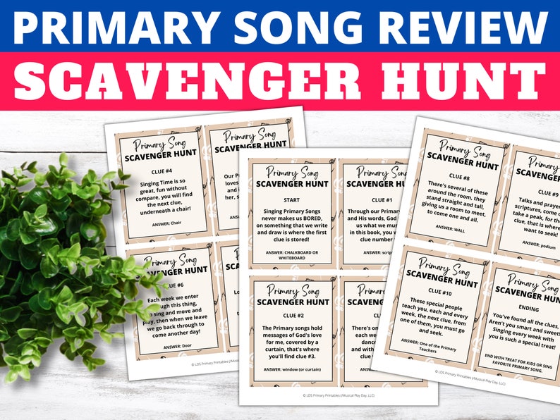 May include: A printable scavenger hunt game for primary school children. The cards are beige with brown floral designs and feature the text "Primary Song Scavenger Hunt". Each card has a clue and an answer.