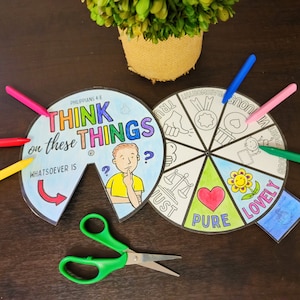 Think onThese Things Philipper 4:8 Färbung Spinnerrad UND Farbe Pg - Kinder Bibel druckbare Aktivität - Sonntagsschule, komm und folge mir