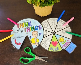 Think on These Things Philippians 4:8 Coloring Spinner Wheel AND Color Pg - kids bible printable activity - sunday school, come follow me
