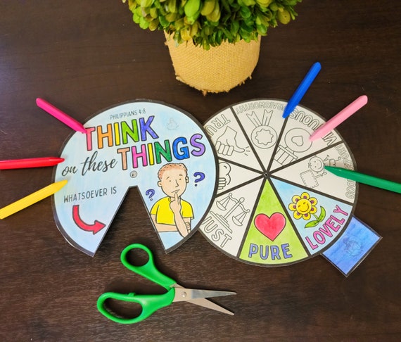 Think on These Things Philippians 4:8 Coloring Spinner Wheel AND Color Pg - kids bible printable activity - sunday school, come follow me