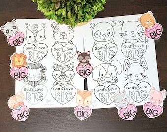 God's Love So Big Kids Animal Valentine Craft, 2 Versions: Color and B&W, Kids Valentine Bible Craft, Bookmarks, Bible Kids Craft Printables