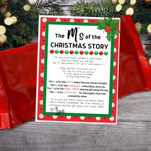 May include: A red and green Christmas card with white polka dots. The card features a poem about the "M's of the Christmas Story" with a holly sprig illustration. The poem includes the words "East", "Manger", "Wise Men", and "Worship".
