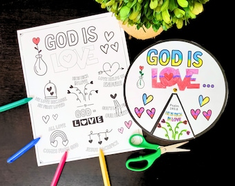 God Is Love Spinner Wheel Craft & Coloring Page - kids bible printables - bible scripture verses lesson God's Love (Psalm, John, Romans)