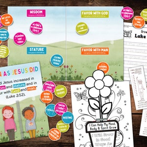 Luke 2: 52 Jesus Grew In Wisdom Bible Bundle | Folder Game Match, Growing Flower Craft, Bookmarks, Scripture Trace | Kids Bible Printables