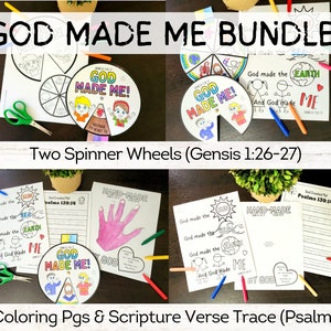 Puede incluir: Un paquete de recursos educativos imprimibles para niños. El paquete incluye dos ruedas giratorias con el texto "¡Dios me hizo!" y versículos bíblicos, páginas para colorear y una actividad de trazado de versículos bíblicos. Las páginas para colorear presentan una mano, un sol, un mar y una tierra. Los versículos bíblicos son de Génesis 1:26-27 y Salmos 139:14.