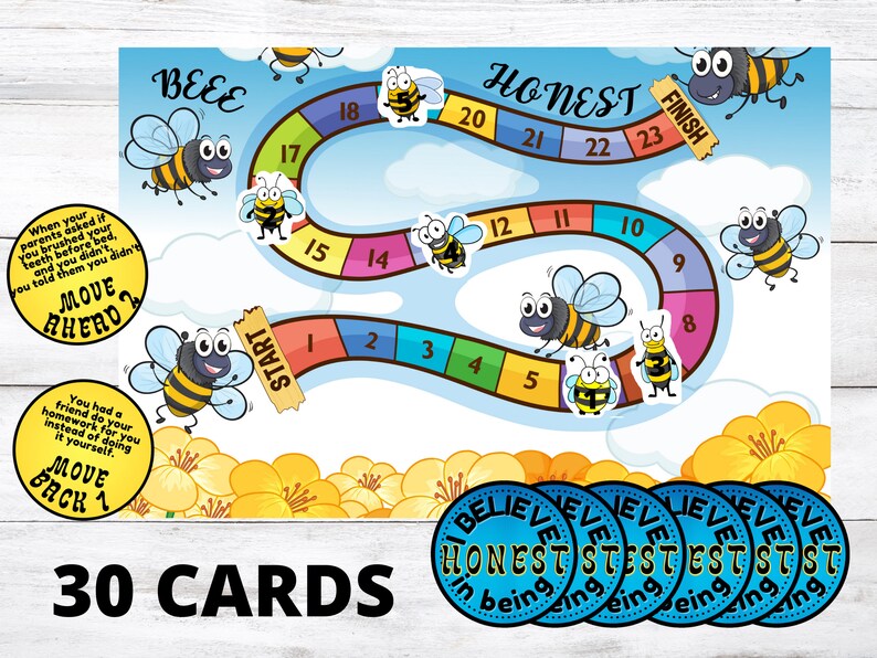 K&ouml;nnte beinhalten: Ein farbenfrohes Spielbrett mit Bienen-Motiv. Das Brett verf&uuml;gt &uuml;ber einen Pfad mit den Zahlen 1 bis 23 und den W&ouml;rtern "BEE" und "HONEST" oben. Das Spiel enth&auml;lt 30 Karten mit dem Text "MOVE AHEAD 2", "MOVE BACK 1" und "BELIEVE IN BEING HONEST".