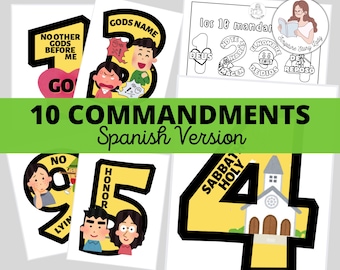 SPANISH Ten Commandments Visual Numbers & Coloring Page, Exodus 10 Moses, Kids Bible Homeschool Sunday School, Kids Bible Craft Printable