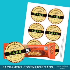 May include: Five round orange and brown stickers with the text "I'll Remember Him and my covenants when I TAKE the Sacrament" in black and green text. The stickers are printed on white paper.