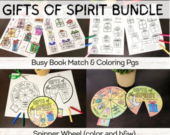 Gifts of Spirit 1 Cor. 12 Kids Bible Craft Spinner, Matching Folder Game and Coloring Pages - color and b&w - kids printable bible lessons