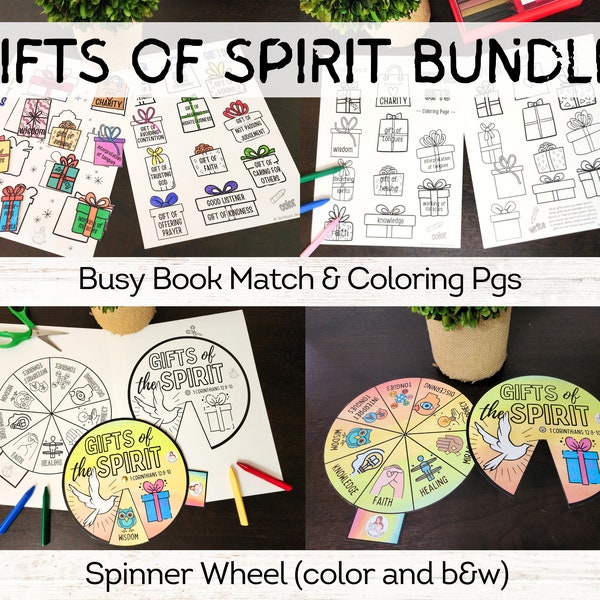 Gifts of Spirit 1 Cor. 12 Kids Bible Craft Spinner, Matching Folder Game and Coloring Pages - color and b&w - kids printable bible lessons