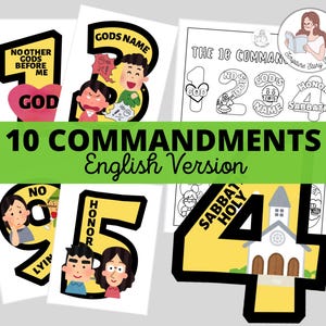 May include: A collection of illustrated cards featuring the Ten Commandments. Each card displays a number, a key phrase, and cartoon illustrations. The text "10 Commandments English Version" is prominently displayed across the center of the image.