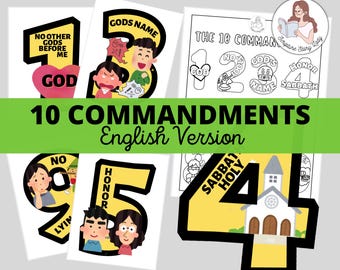 English Ten Commandments Visual Numbers & Coloring Page, Exodus 10 Moses, Kids Bible Homeschool Sunday School, Kids Bible Craft Printable