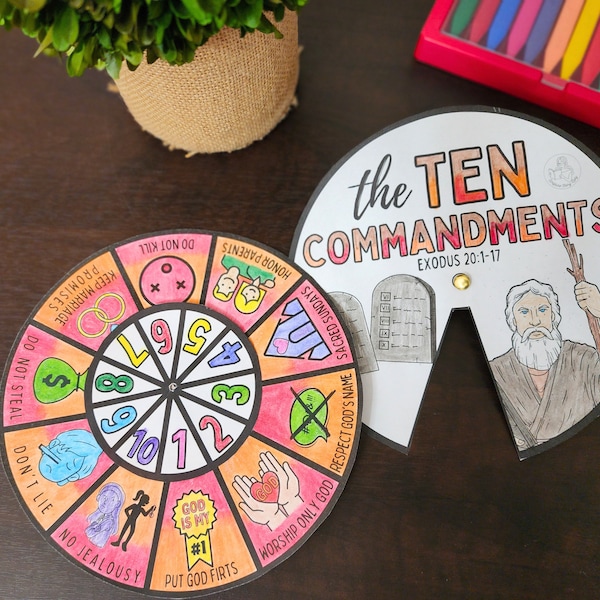 Ten Commandments Exodus Moses Old Testament Coloring Spinner Wheel Craft - kids bible coloring printable - sunday school, come follow me