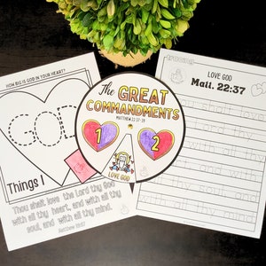 Great Commandments - Matt 22:37-39 - Coloring Bible Printables - spinner wheel, scripture trace, how big is God in your heart activity page