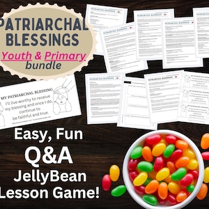 Może przedstawiać: Zestaw materiałów drukowanych z napisami "Patriarchal Blessings" i "Youth & Primary bundle." Obraz zawiera miskę kolorowych żelków i tekst "Easy, Fun Q&A JellyBean Lesson Game!"