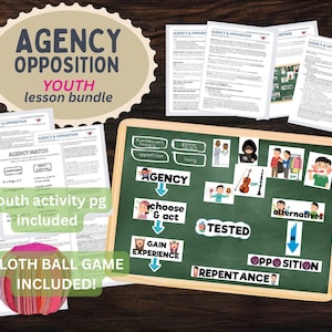 May include: A lesson bundle titled "Agency Opposition Youth" with a green chalkboard diagram and printed worksheets. The chalkboard includes the words "Agency", "Opposition", and "Tested", along with related illustrations. A colorful cloth ball is also included.