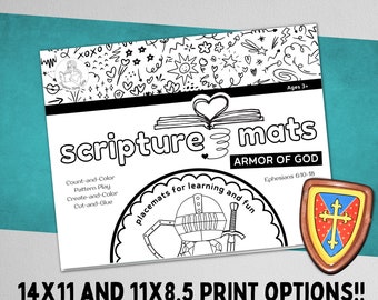 Armor of God 8 Scripture Activity Place Mats | Whole Armor of God Ephesians 6 Sword of the Spirit | Kids Bible Coloring crafts Printables