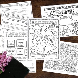 May include: Black and white printable coloring pages for kids featuring a book with the words "Feast Upon the Words of Christ" and "I Love to Read the Holy Scriptures".