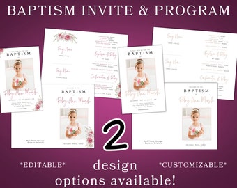 LDS Girl Baptism Program & Invitation - 2 Versions - Customizable - Girl Program and Invitation -  Editable Girl Baptism Template - digital
