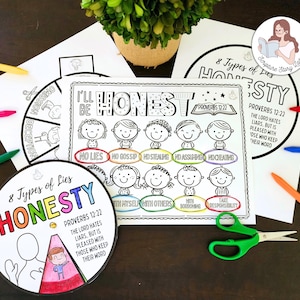 May include: A selection of black and white colouring pages with the theme of honesty. The pages include the text "I'll Be Honest" and "8 Types of Lies". Coloured pencils and scissors are also visible.