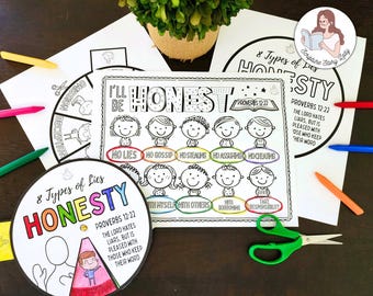 HONESTY & LYING Proverbs 12:22, 8 Types of Lies, Spinner Wheel+Coloring Page, Kids Bible Craft Activity lesson dishonesty honesty Printable