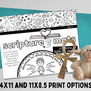 May include: Black and white printable scripture placemats for kids featuring a cartoon image of Jesus, a book, and an ankh. The placemats are designed for learning and fun and are suitable for ages 3 and up. The text on the placemats reads "scripture mats", "placemats for JESUS learning and fun", "JOFEPH SON JAC", and "Sis 27-46".