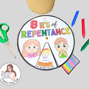 Rueda giratoria y página para colorear de las 8 R del arrepentimiento (Isaías 1:18) - Lección de manualidades bíblicas para niños, colorear, imprimibles, arrepentimiento