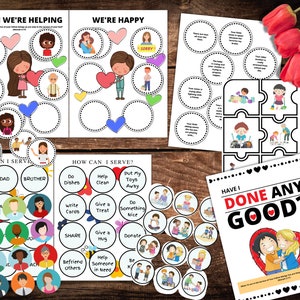 May include: A printable set of activity sheets for kids to learn about helping others. The sheets feature colorful illustrations of people, hearts, and flowers. The text on the sheets includes "When We're Helping", "We're Happy", "How Can I Serve?", and "Have I Done Any Good?"
