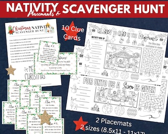Nativity Christmas Bible Story Scavenger Hunt & Coloring Placemats | Kids Christmas Printables | Christmas Party Game | Treasure Hunt Clues