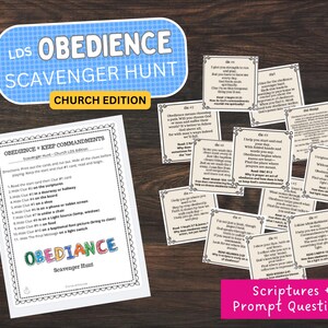 May include: An educational game set featuring a scavenger hunt theme. The set includes a blue and white sign that reads "LDS OBEDIENCE SCAVENGER HUNT CHURCH EDITION". There are also cards with scriptures and prompt questions, and a list of clues.