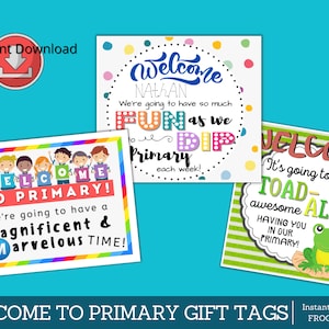 Bienvenido a las etiquetas de regalo primarias (descarga digital instantánea imprimible, descarga digital, primaria SUD, etiquetas de regalo de dulces, regalos primarios SUD)