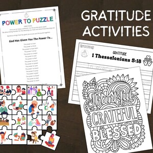 May include: A collection of gratitude activities, including a puzzle with illustrated pieces, a tracing sheet, and a coloring page with the words "Thankful, Grateful, Blessed." The text "Power to Puzzle" is also visible.