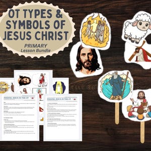 May include: A collection of religious educational materials. The image includes illustrated cutouts of Jesus, a lamb, and other biblical figures. The text reads "OT Types & Symbols of Jesus Christ" and "Primary Lesson Bundle". There are also printed lesson pages.