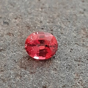 May include: A vibrant red oval-shaped gemstone with a faceted cut. The gemstone is set against a rough, textured background.