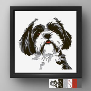 May include: A framed square wall art piece featuring a stylized graphic illustration of a black and white Shih Tzu dog. The dog has long, flowing fur, dark eyes, and a small red tongue visible. The artwork is encased in a simple black frame.