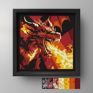 Peut inclure: Un cadre carré noir de type boîte contenant une œuvre d'art en papier multicouche représentant un dragon rouge crachant du feu jaune et orange. L'œuvre présente des formes géométriques nettes dans des tons de rouge, orange, jaune et noir.