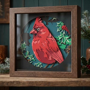 May include: A square wooden shadow box frame containing a multi-layered paper cut art piece. The central design features a bright red cardinal bird perched among green holly leaves and red berries against a dark teal circular background.