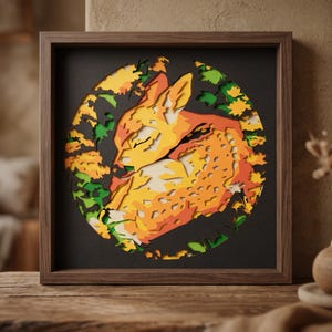 Slapend babyhertje in een schaduwdoos SVG, bosdier SVG voor Cricut-projecten, 3D gelaagde SVG, papieren uitgesneden reekalfje in een lichtbak