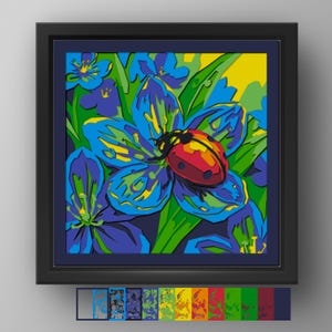May include: A framed square art print featuring a stylized illustration of a red ladybug with black spots resting on a large blue flower. The composition includes vibrant green leaves and smaller blue blossoms against a bright yellow background.