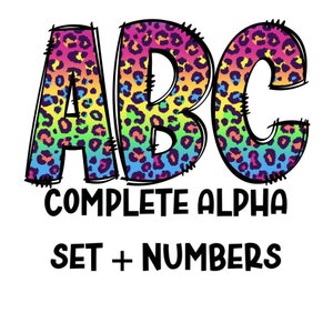 Neon Rainbow Leopard Doodles | Doodle Letters | Lowercase, Numbers, Capital Letters | PNG for sublimation | Hand Drawn Pastel Flowers