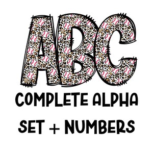 Puede incluir: Diseño gráfico con las letras "ABC" en negrita, rellenas con un estampado de béisbol y leopardo. El texto debajo dice "COMPLETE ALPHA SET + NUMBERS" sobre un fondo blanco.