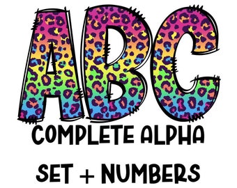 Neon Rainbow Leopard Doodles | Doodle Letters | Lowercase, Numbers, Capital Letters | PNG for sublimation | Hand Drawn Pastel Flowers
