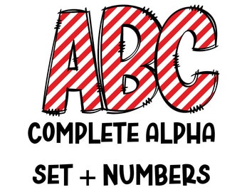 Red and White Stripes Alpha Doodles | Doodle Letters | Lowercase, Numbers, Capital Letters | PNG for sublimation | DIY Design | Candy Cane