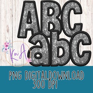 Alfa Doodles de lantejoulas prateadas falsas bordadas | Rabiscos para PNGs | Conjunto de rabiscos alfa | Letras do alfabeto | Desenhos bordados falsos